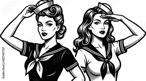 Black and White Retro Pin-up Sailor Girls Illustration with Saluting and Posing