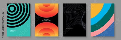 Collection of four modern abstract poster designs featuring colorful gradients geometric shapes and minimalist line art for creative projects