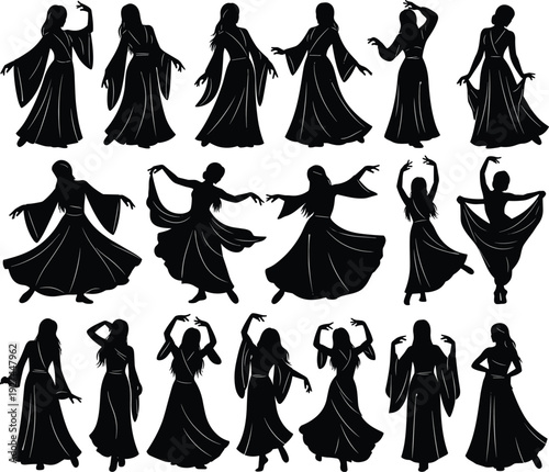 Black silhouettes of women in traditional long dresses performing ethnic dances, set of graceful female figures for cultural and celebration.