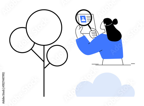 Identity verification concept. Woman examines ID with magnifying glass for identity confirmation and security. Identity protection in technology, online platforms, and data. For IT, fintech