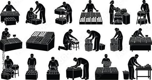 Black silhouettes of workers arranging produce at market stalls, people sorting fruits and vegetables for grocery, retail, and agriculture concepts.