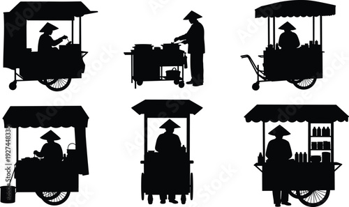 Black silhouettes of traditional Asian street food vendors with carts, mobile market stalls, and street food sellers for local commerce concepts.