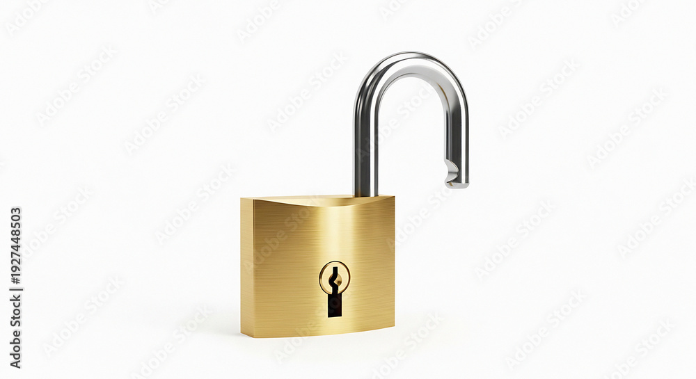 Naklejka premium Open padlock with shiny gold body and silver hook