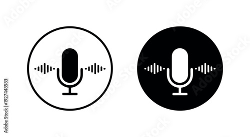 Podcast and Audio Recording Icon featuring a minimalist microphone silhouette integrated with dynamic sound wave patterns, enclosed in a bold black circular frame for a modern broadcast aesthetic.