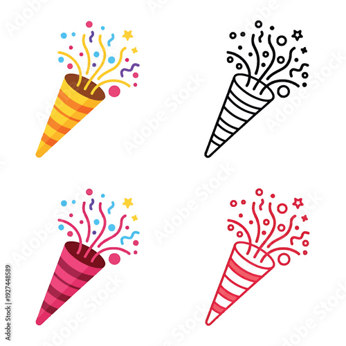 Party Popper Icons Set Celebration Confetti Blast Design Elements