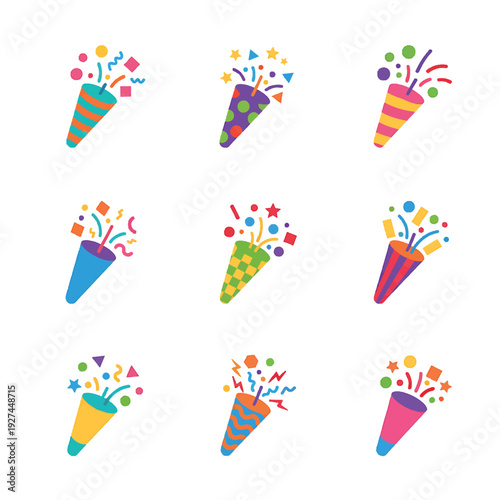 Colorful Party Poppers Icon Set Celebration Confetti Blast