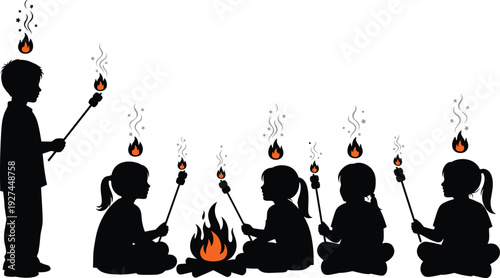 Black silhouettes of children sitting around a campfire roasting marshmallows on sticks, camping, outdoor adventure, summer camp, and scouting concepts.