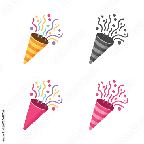 Colorful and Grayscale Party Poppers Icons Vector Set