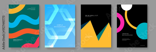 A professional set of four background templates featuring wavy lines hexagonal shapes and minimalist geometry for contemporary corporate identity and posters