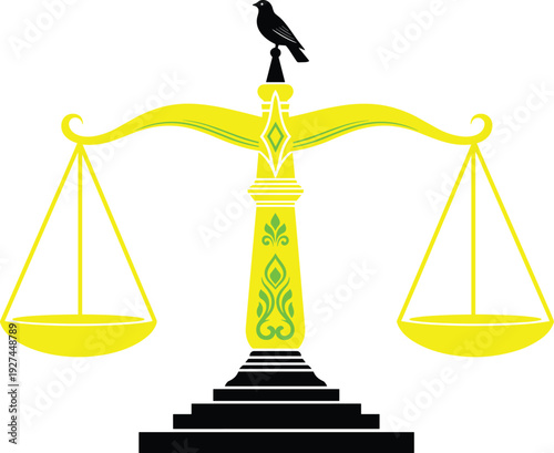 Yellow scales of justice icon with green ornaments and a black bird, law and court symbols for legal system concepts.