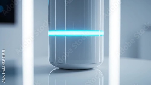 A close-up shot of a white cylinder with a bright blue stripe, reflecting on a surface