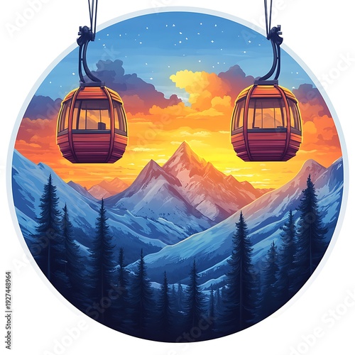 Two orange ski lift gondolas against sunset sky and snowy mountains cable car photo