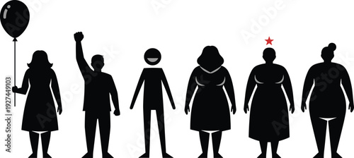 Black silhouettes of diverse people standing together including woman with balloon, man raising fist, and various body types for community.