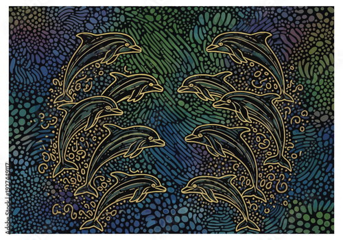 Trio of Dolphins Swimming Together In A Playful Formation Against A Textured Abstract Background Vibrant Colors background batik batik pattern sea