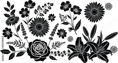 Collection of black floral silhouettes with roses lilies and wild flowers for wedding invitations greeting cards and decorative nature design elements