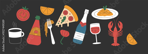Trendy halftone art collage elements set. Italian food various paper clippings, pizza, pasta and wine stickers with vintage dot texture and doodles. Modern retro grunge mixed media vector illustration