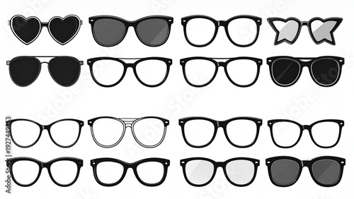 Stylish Sunglasses Silhouette Vector Set with Heart Star Cat Eye and Round Frames