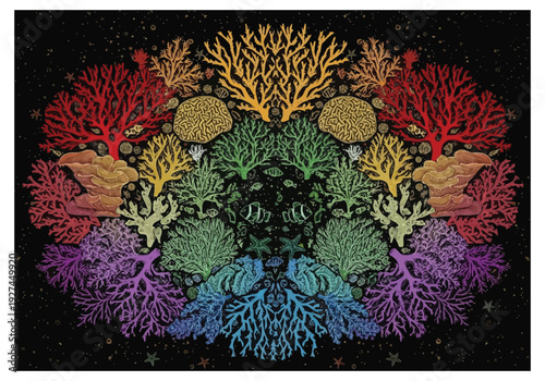 Vibrant Kaleidoscope Pattern of Tropical Coral Reef Life and Aquatic Plants in a Symmetrical Arrangement on Dark Ocean Background background batik