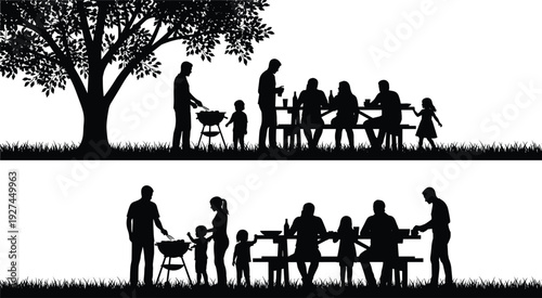 Family Summer Barbecue Picnic Silhouette Collection featuring People Grilling, Eating at Tables, and Relaxing Under Trees for Outdoor Backyard Party Design