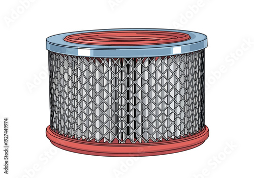 Detailed illustration of a cylindrical air filter with a red seal and blue top viewed from the side