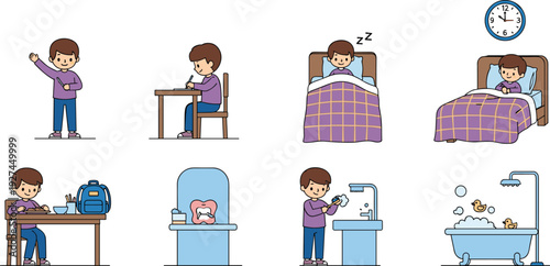 Child daily routine scenes showing waking up, studying, eating, brushing teeth, bathing and sleeping, cute cartoon boy vector illustration set for kids schedule and healthy habits
