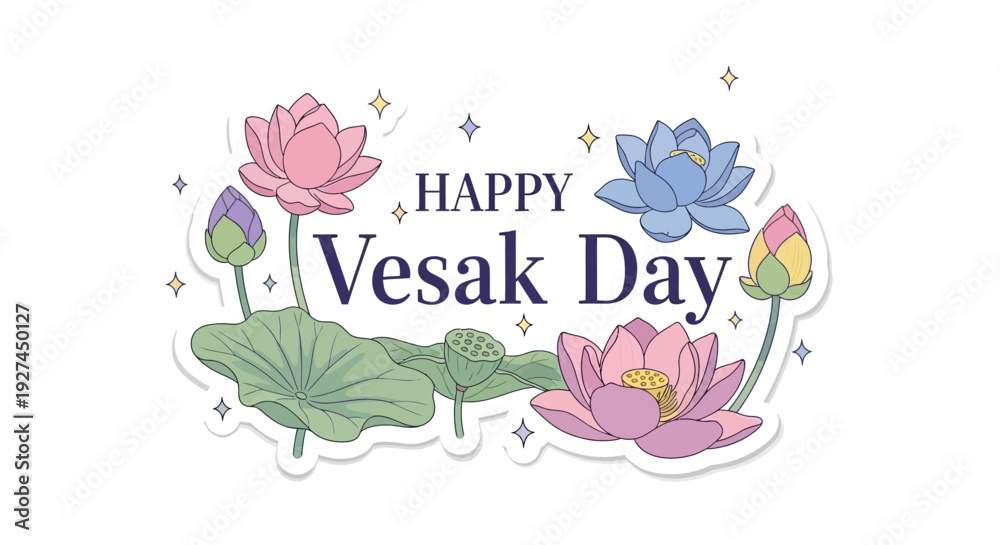 Fototapeta premium A beautiful illustration wishing 'Happy Vesak Day' with pink and blue lotus flowers, buds, and green leaves, surrounded by sparkling elements.