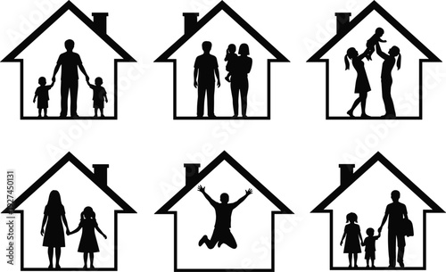 Family house silhouette set with parents and children inside home icons for real estate mortgage insurance and property marketing concepts