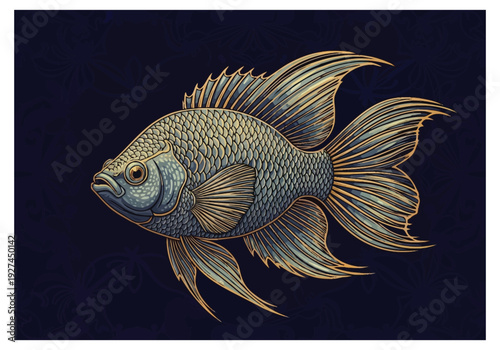 Elaborate aquatic creature with detailed scales and flowing fins against a deep dark background artistic rendering background batik batik pattern sea