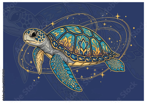 Ornate Sea Turtle swims through starry cosmic swirls with intricate patterns on shell and flippers detailed artistic ocean creature design concept