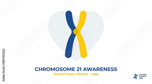 Awareness poster for World Down syndrome day featuring chromosome 21 illustration in a heart