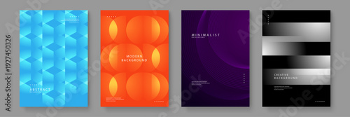 A set of four modern abstract posters featuring blue cubes orange circles purple waves and black white gradients for creative design