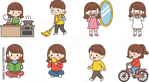 Cute children daily life activities including cooking, cleaning, brushing teeth, reading and cycling, adorable cartoon kids vector illustration set showing healthy habits and home routine