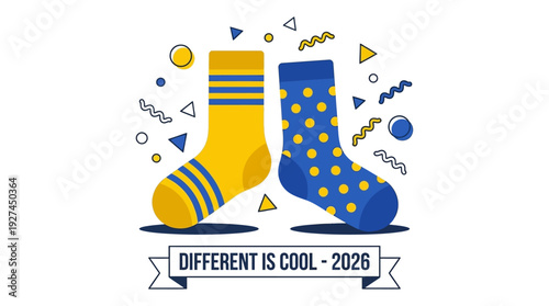 Celebrating World Down syndrome day with vibrant socks and diverse patterns in a lively graphic illustration