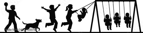 Black silhouette of happy children and a dog playing at a park with a swing set on white background isolated.