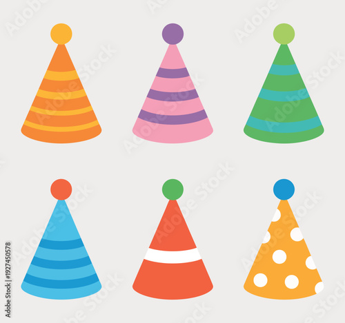 Colorful Birthday Party Hat Vector Collection featuring a variety of festive cone hats with polka dots, stripes, and star patterns, perfect for birthday invitations, anniversary cards, and celebratory