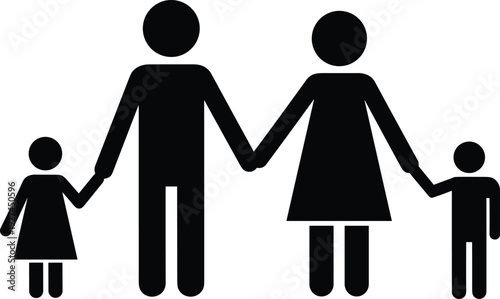 Simple black family icon silhouette featuring father, mother, son, and daughter holding hands together isolated on white