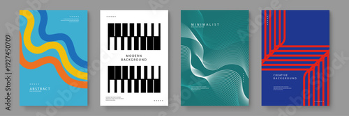 A diverse collection of four abstract posters featuring colorful waves geometric blocks and minimalist fine line art