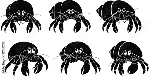 Collection of cute hermit crab silhouettes set including various poses and shell shapes isolated on white background