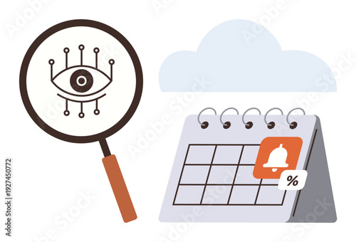 Data analysis, privacy protection, cybersecurity, time management, cloud computing, reminders. Magnifying glass with eye symbol next to calendar, cloud icon. Privacy protection and time management