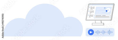 Cloud computing, data storage, digital analytics, technology integration, voice commands, smart devices. Large cloud graphic with screen display and audio playback icon. Cloud computing and data