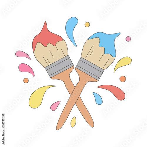 Two Crossed Paintbrushes With Vibrant Red And Blue Paint Splashes For Creative Art Projects