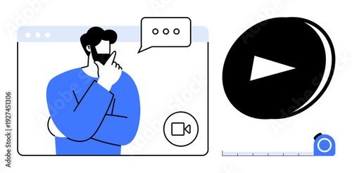 Digital communication, online learning, media streaming, content creation, virtual meetings, social interaction. A man in a browser window with thought and video elements. Digital communication