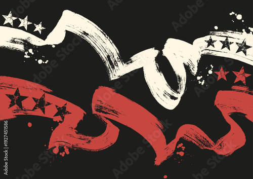 Abstract red, white and black paint brush strokes with distressed stars and ink splatters on beige background, patriotic grunge design texture.
