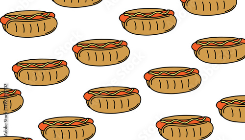 Hotdog Pattern Design. Seamless Street Food Motif. Hand Drawn Vector. Fast Food Background.