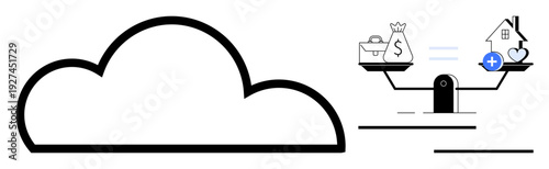 Cloud computing. Cloud outlined symbol paired with financial balance illustration. Cloud computing connects digital and financial elements of life. For finance, technology, home investment, business