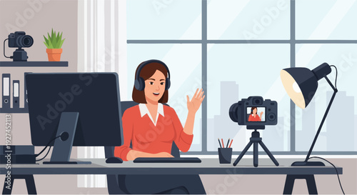 Content creator in a home studio setup with camera, lighting, and computer, ready to film a video