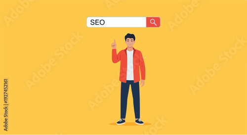 Man points to SEO search bar, symbolizing search engine optimization and digital marketing strategies for online visibility and growth