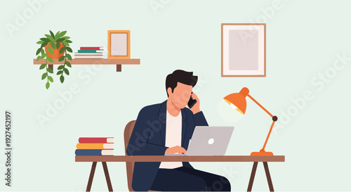 Focused businessman working from home, making a phone call while using a laptop at his desk. Modern remote work setup for efficient productivity