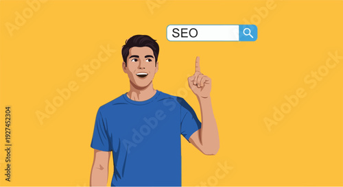 Focused man pointing to 'SEO' in a search bar, symbolizing a key idea or strategic focus on search engine optimization for digital marketing and online success