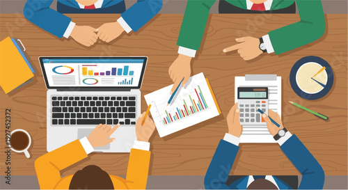 Business meeting with team members analyzing financial charts and graphs on laptop and papers, with a calculator and coffee on a wooden table, top view illustration